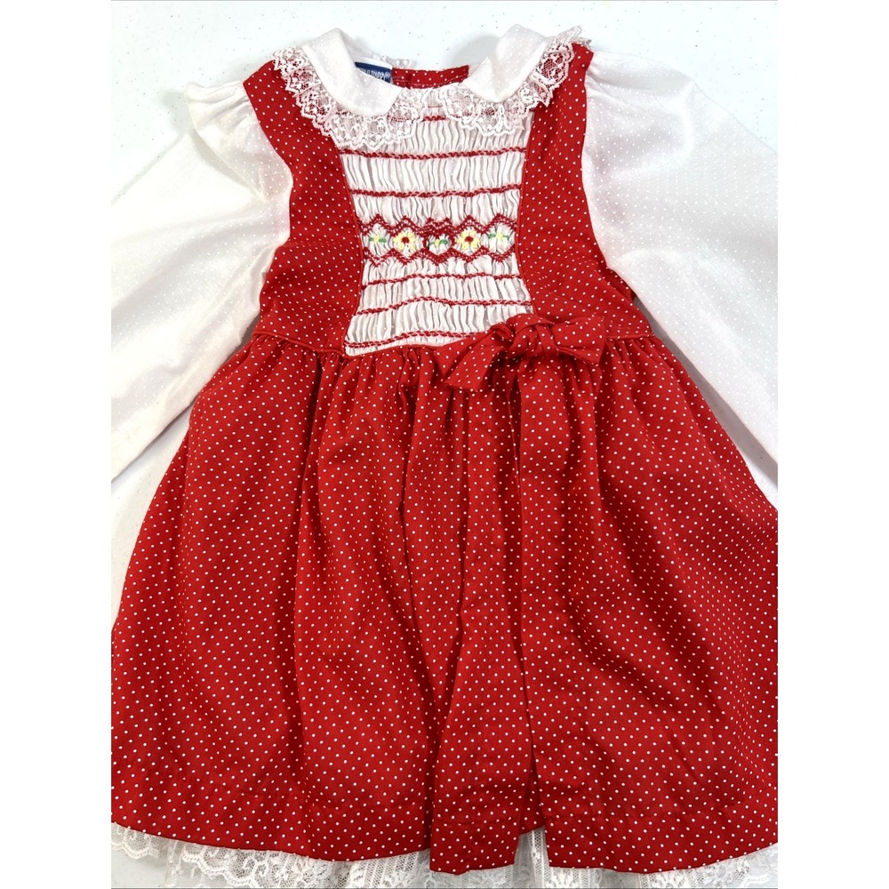 Vintage Polly Flinders Girls Red & White Polka-Dot Lace Smocked Dress Size 3T